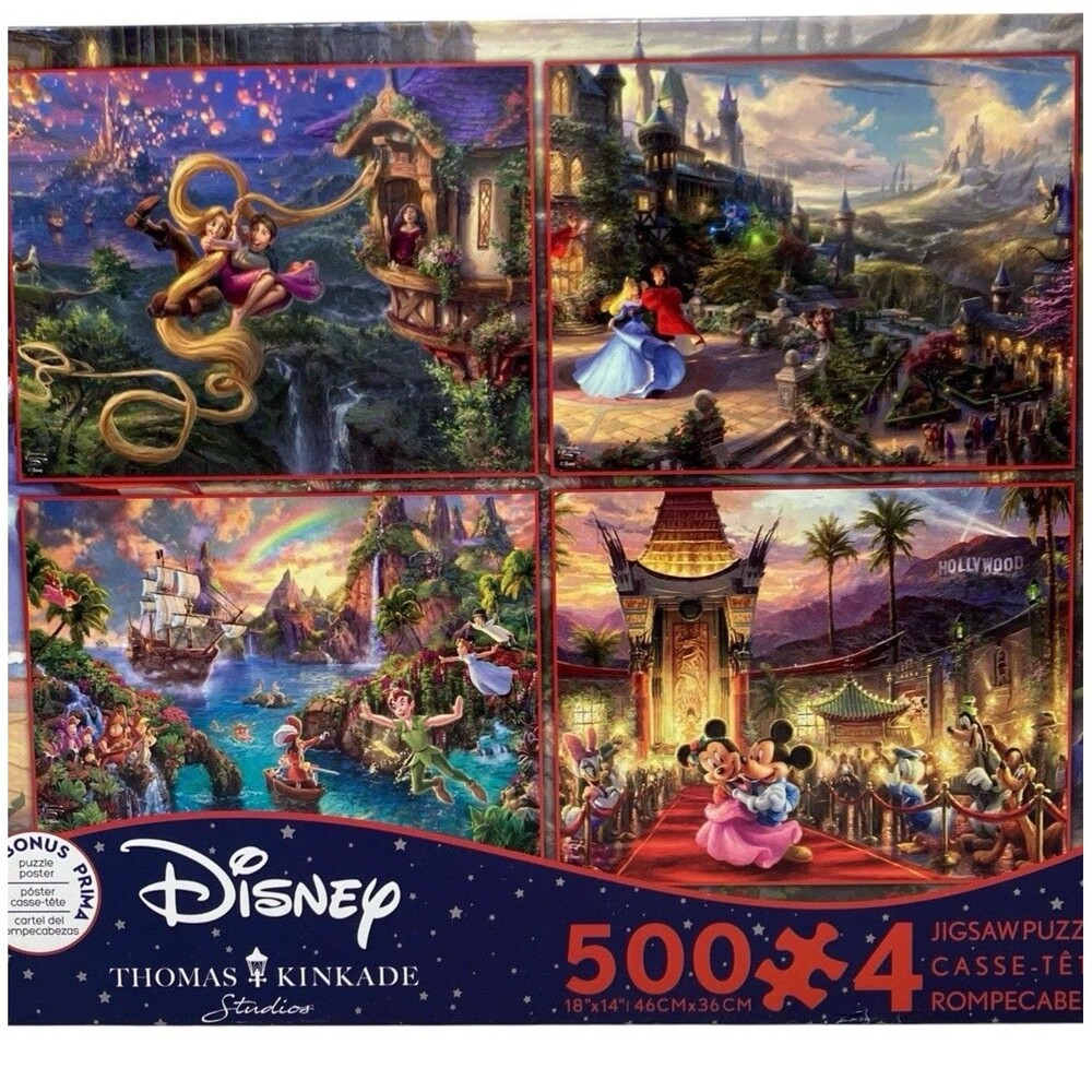 Ceaco Disney 4x500 Piece Puzzle Set Thomas Kinkade Peter Pan Cinderella Jigsaw‎